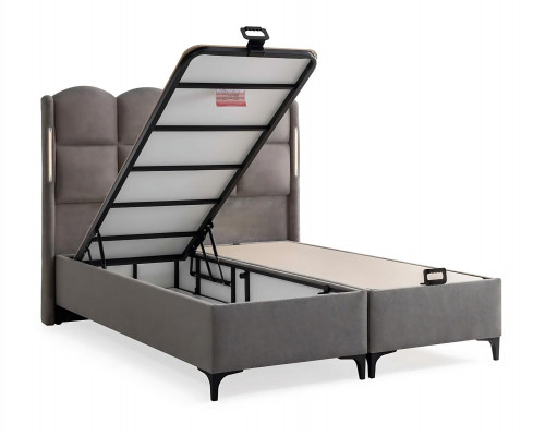 Gray bed with fabric and wood cushions, modern design