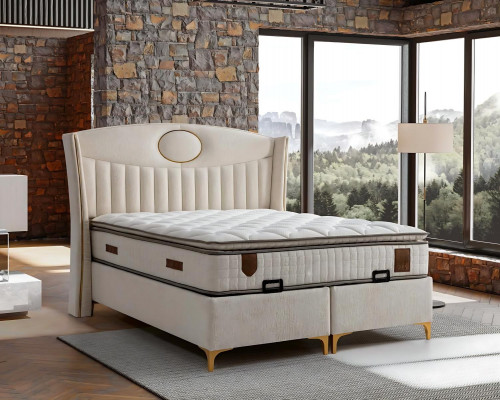 Elegant bed with cushions made of light gray fabric and wood