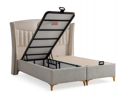 Elegant bed with cushions made of light gray fabric and wood