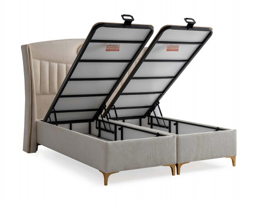 Elegant bed with cushions made of light gray fabric and wood