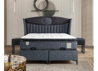 Elegant fabric and wood bed with mattress