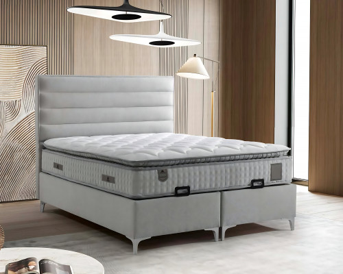 Bed made of modern gray textile with elegant mattress
