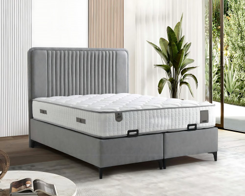 Elegant fabric and wood bed with mattress