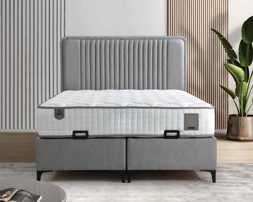 Elegant fabric and wood bed with mattress