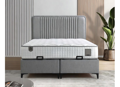 Elegant fabric and wood bed with mattress