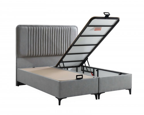 Elegant fabric and wood bed with mattress