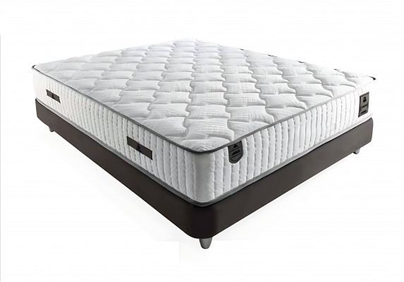 Elegant fabric and wood bed with mattress