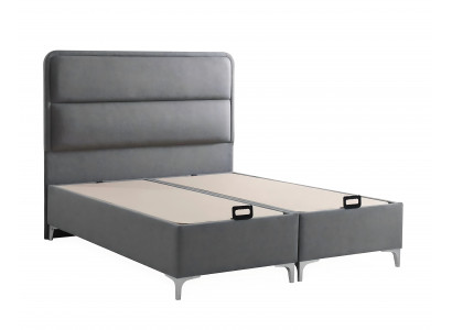 Modern gray bed with textile and wooden cushion