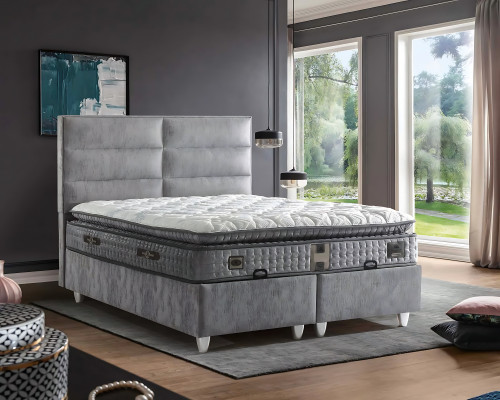 Bed in modern gray fabric with mattress