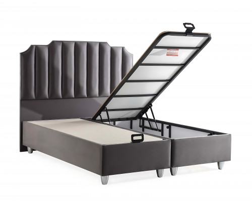 Elegant textile and wood bed with mattress