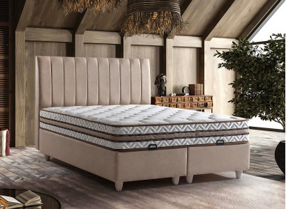 Beige fabric bed with elegant mattress