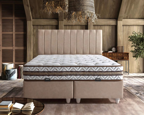 Beige fabric bed with elegant mattress