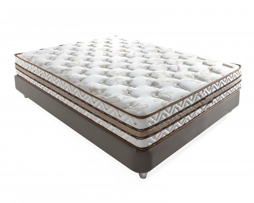 Beige fabric bed with elegant mattress