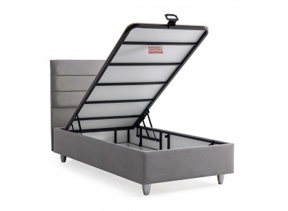Elegant textile and wood bed with mattress