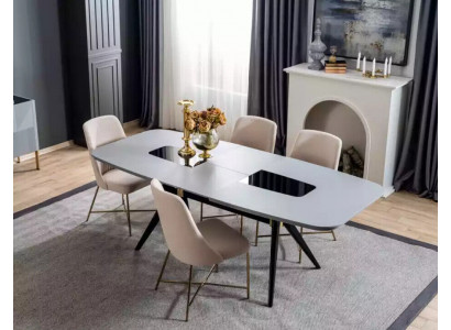 Modern, definitely beautiful table with chairs in shades of gray and beige.