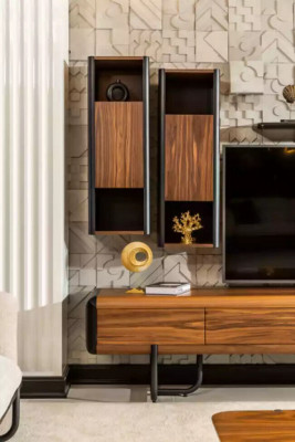 A beautiful TV cabinet with wall shelves in loft style that gives your living room a chic look.