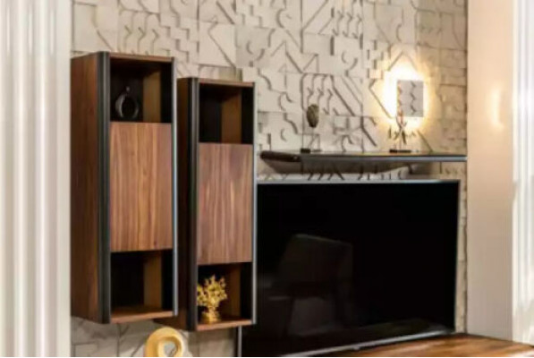 A beautiful TV cabinet with wall shelves in loft style that gives your living room a chic look.