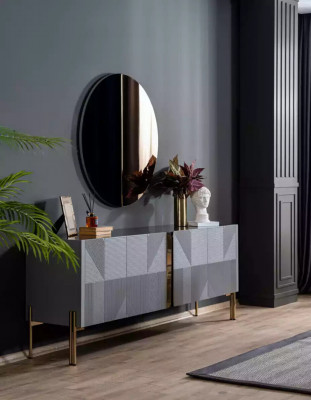 Sideboard Mirror Set Italian Style 2 Pieces Living Room Wooden Dresser Cabinet
