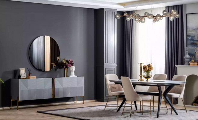 Sideboard Mirror Set Italian Style 2 Pieces Living Room Wooden Dresser Cabinet