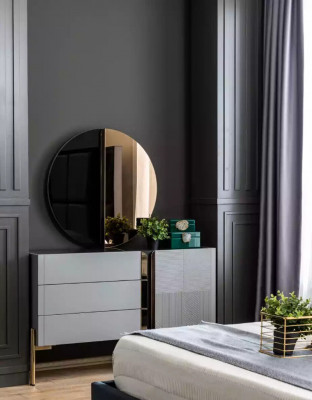 Beautiful dresser with mirror in shades of gray with gold inlays
