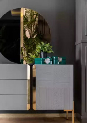 Beautiful dresser with mirror in shades of gray with gold inlays
