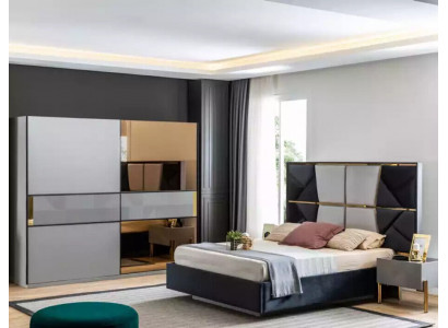 Perfect bedroom furniture set in shades of gray with golden inlays