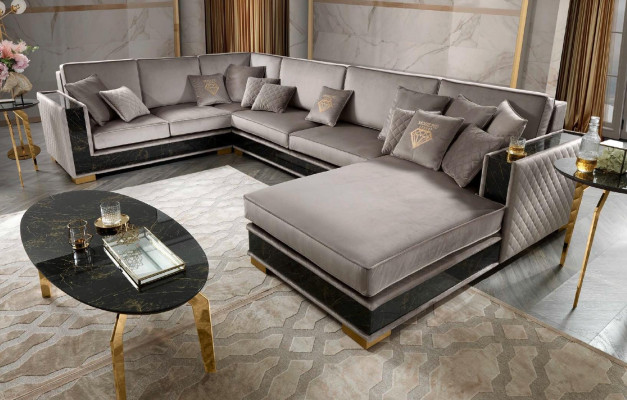Sectional U-shaped sofa couch design upholstery fabric sofas seating furniture living area.