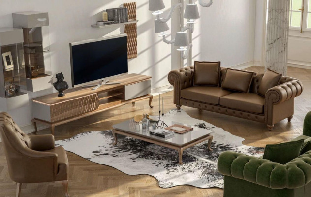 Brown Chesterfield Luxury Sofa Set Modern Three-Seater Armchair Fabric