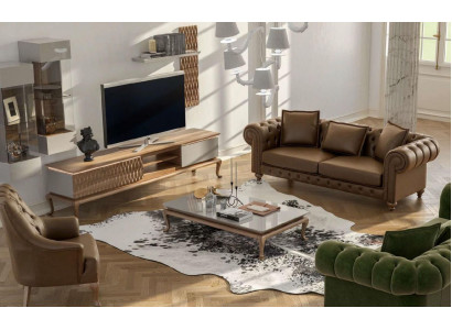 Brown Chesterfield Luxury Sofa Set Modern Three-Seater Armchair Fabric
