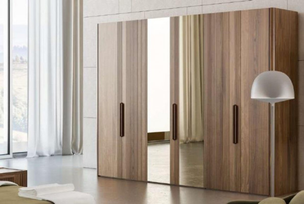 Large brown wardrobe bedroom closet with mirror cabinets