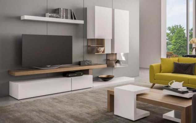 White living room furniture, modern wall cabinets, wall shelves, TV stand, sideboard