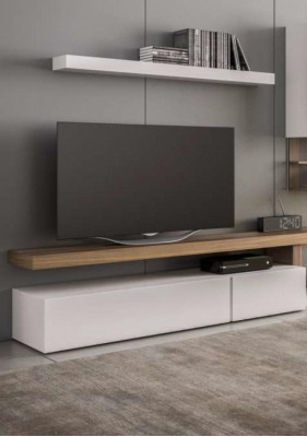 White living room furniture, modern wall cabinets, wall shelves, TV stand, sideboard