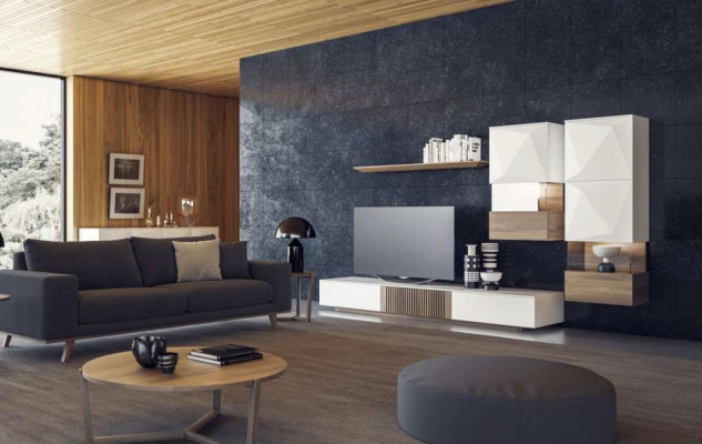 Luxury Walnut Natural Modern White Wall Unit TV Stand Sideboard Wall Shelves