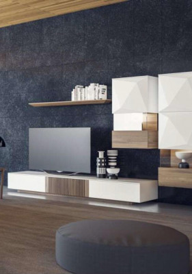 Luxury Walnut Natural Modern White Wall Unit TV Stand Sideboard Wall Shelves