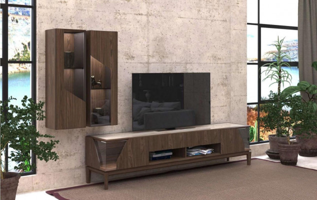 Living room furniture wall unit hanging shelves sideboard brown luxury wooden furniture
