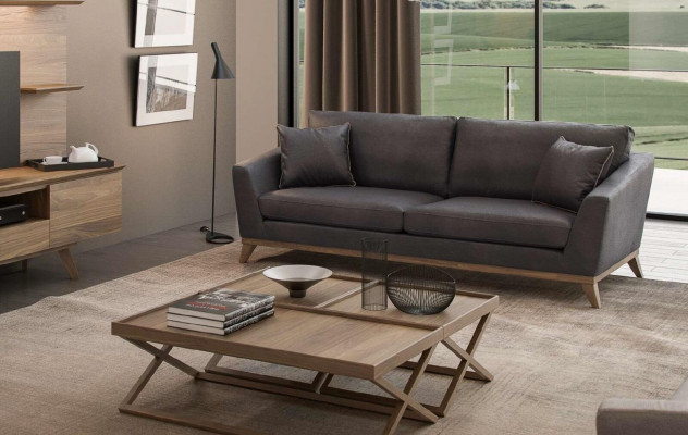 Gray faux leather three-seater living room sofa modern couch style furniture