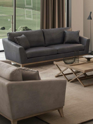 Gray faux leather three-seater living room sofa modern couch style furniture