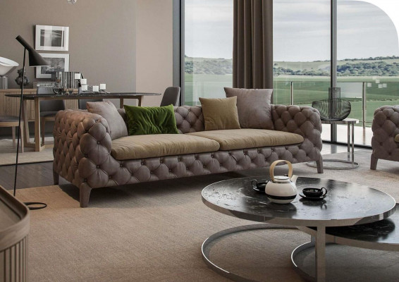 Taupe Chesterfield Three-Seater Luxury Modern Sofa Style Living Room Furniture