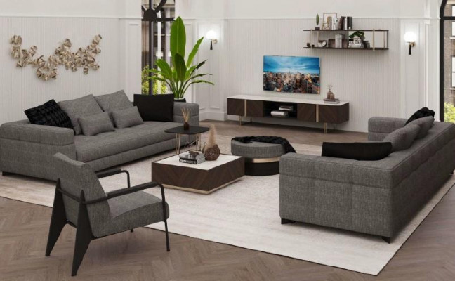 Gray armchair, stainless steel legs, modern living room furniture, armchair, sofa, couch