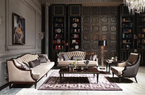 Four-seater sofa set, three-seater armchair, gray coffee tables, fabric sofa