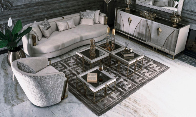 Luxury Suite Fabric Sofa Armchair Living Room Coffee Table Set 7-Piece Gray