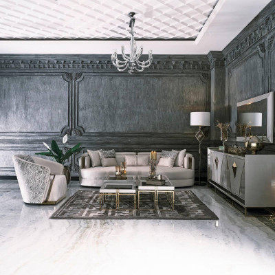 Luxury Suite Fabric Sofa Armchair Living Room Coffee Table Set 7-Piece Gray