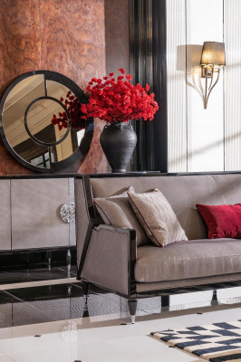 Three-seater sofa set with armchairs and coffee tables, 5-piece set, gray fabric sofa