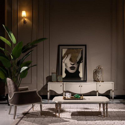 Set: Living room armchair, fabric coffee table, RTV sideboard, 3-piece, beige wood