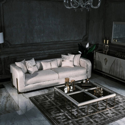 Three-seater sofa, 3-seat coffee table, gray upholstered sofa, fabric sofa set, 2-piece.