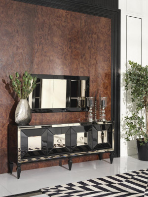 Complete Sideboard Cabinet Mirror Set Black Wood Luxury