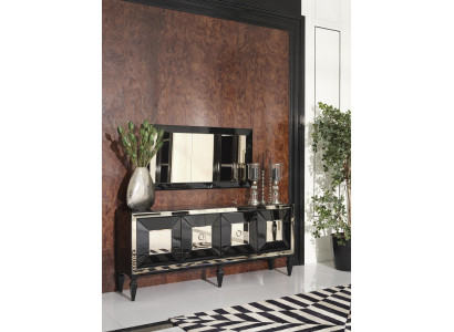 Complete Sideboard Cabinet Mirror Set Black Wood Luxury