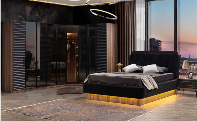 Brown-black bedroom set complete suite bed 2x nightstands