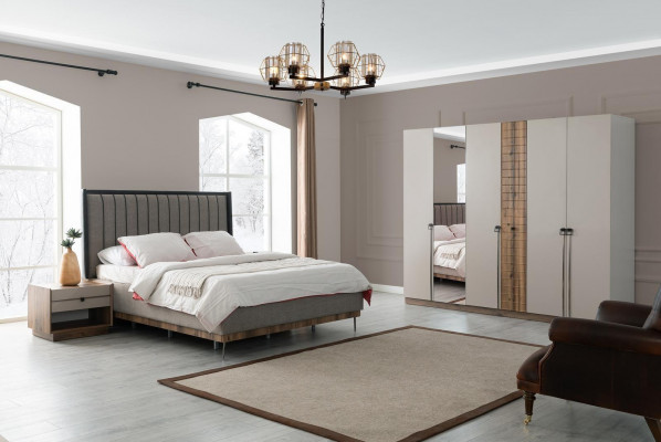 Bedroom modern set textile double bed wood wardrobe 4-piece