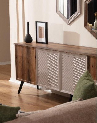 Brown Modern Dining Room Set Sideboard Wood Dining Table 2x Mirror 8-piece